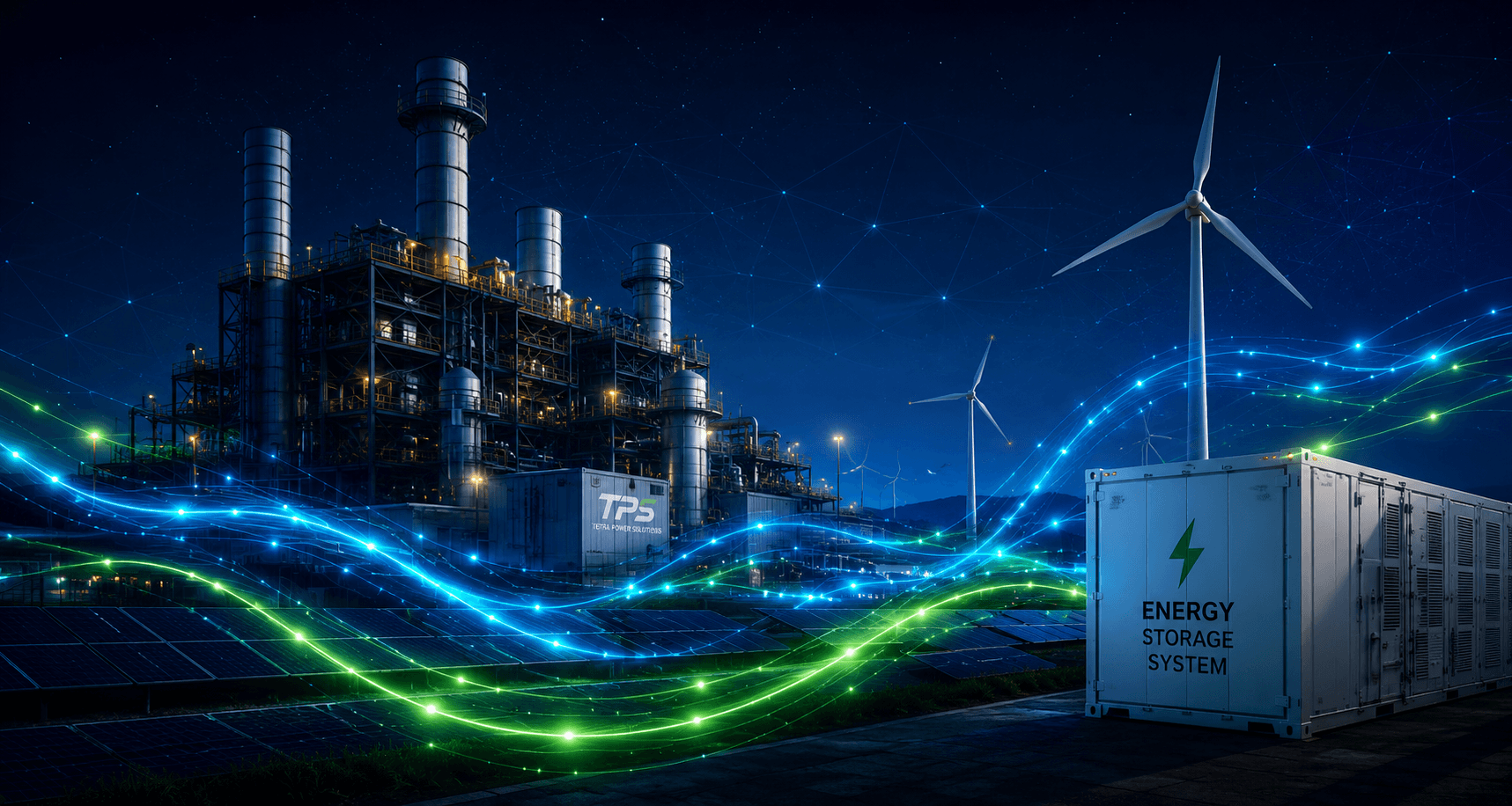 Integrated TPS energy solutions combining power generation, renewable energy, battery storage, and electrical infrastructure